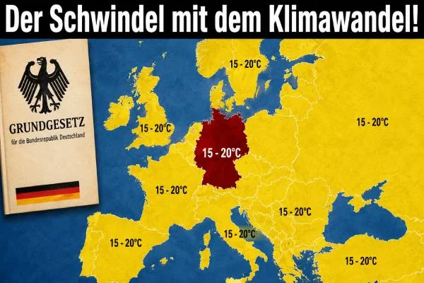 Grafische Europa-Wetterkarte im 16:9-Format mit aktuellen Ländergrenzen. Deutschland ist dunkelrot hervorgehoben, während die übrigen europäischen Länder gelb dargestellt sind. Über mehreren Regionen steht die Temperaturangabe „15–20 °C“. Oben befindet sich die große Überschrift „Der Schwindel mit dem Klimawandel!“. Links im Bild ist stilisiert das deutsche Grundgesetz mit Bundesadler und Deutschlandflagge eingeblendet.