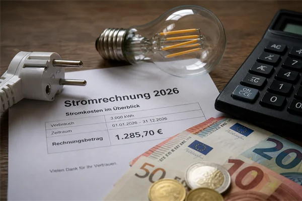 Stromrechnung mit Verbrauchsdaten liegt neben einem digitalen Stromzähler und Euro-Scheinen. Die Szene symbolisiert steigende und schwankende Strompreise in Sachsen im Jahr 2026.